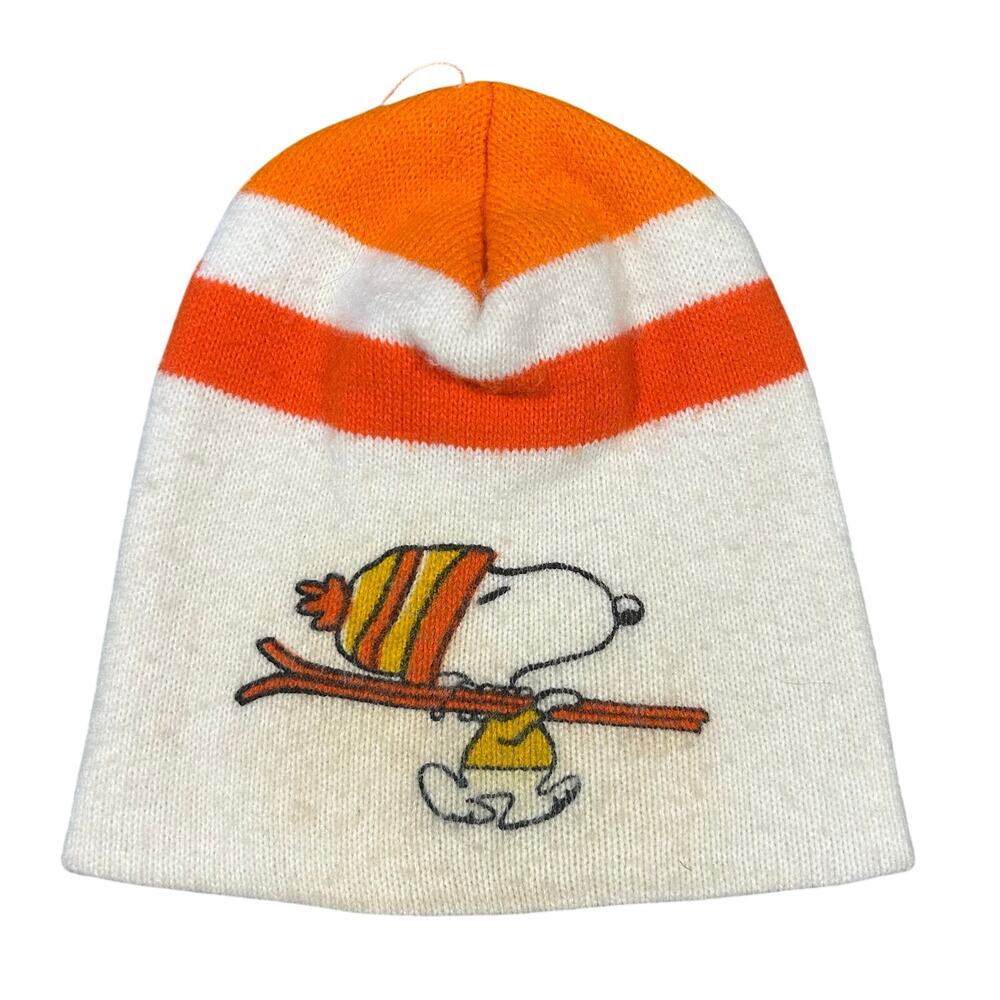 Vintage 60s 70s Snoopy Peanuts Skiing Hat Beanie Orange White Orlon Acrylic